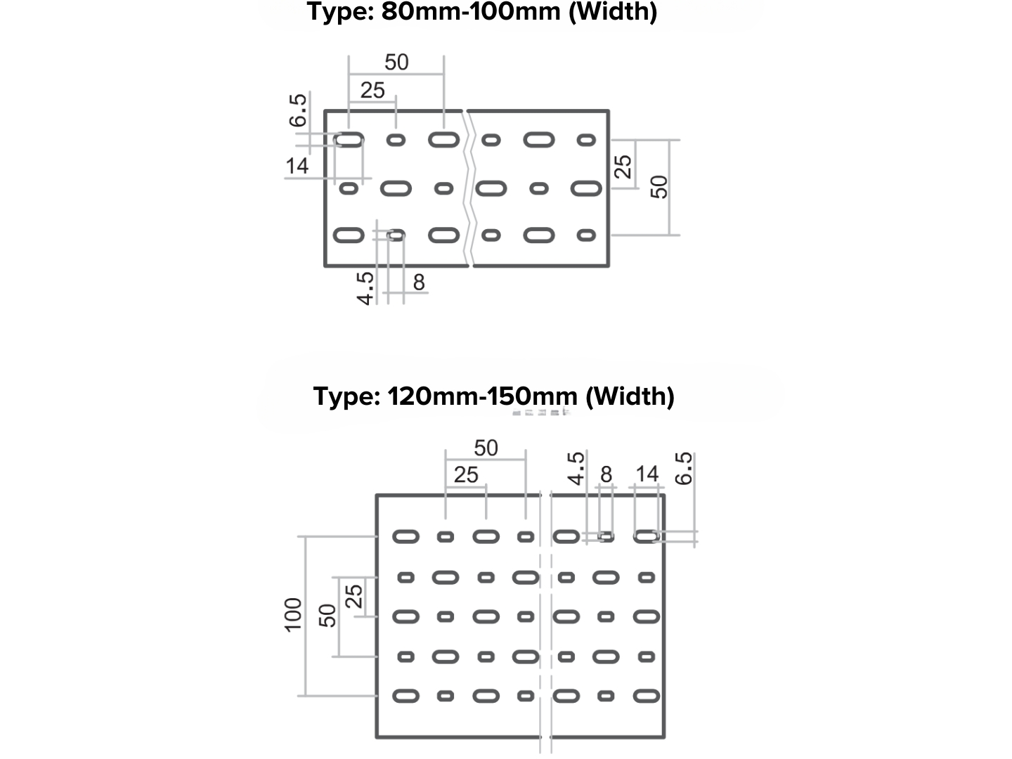 Slot Wiring Duct A and B drawing details 80-150mm